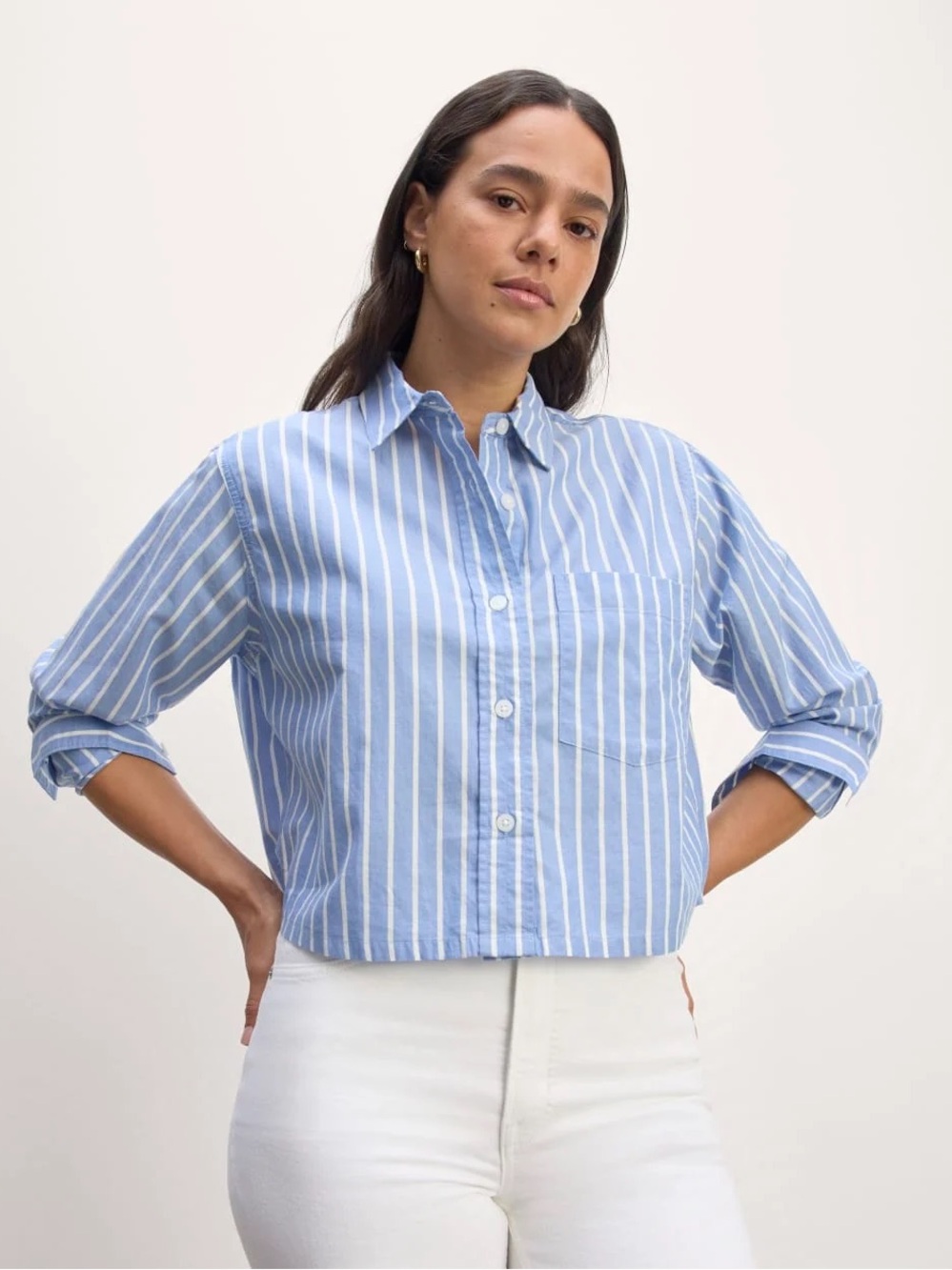 Everlane The Way-Short Shirt Silky Cotton Blue White Stripe Size S NWOT